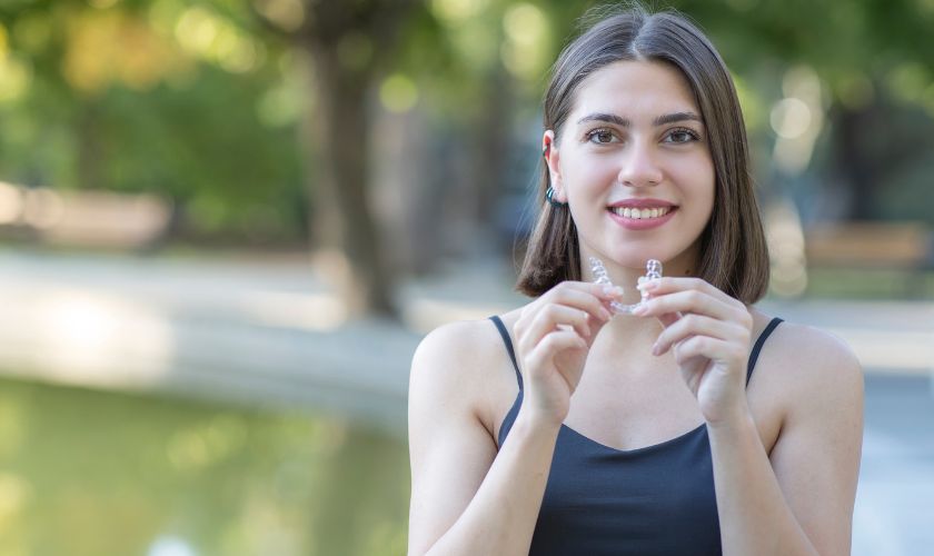 A female patient smiling while wearing Invisalign clear aligners at VIP Dental Lounge
